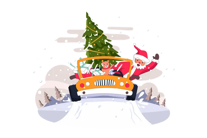 Santa bringing Christmas tree and gifts  Illustration