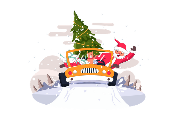 Santa bringing Christmas tree and gifts  Illustration