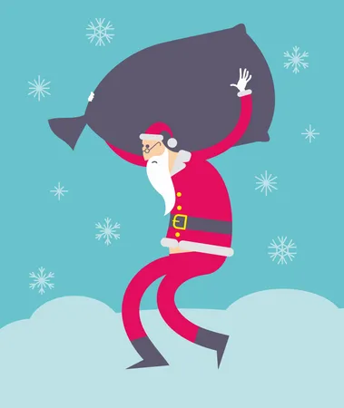 Flat Cartoon Vector Illustration Of A Jolly Character Santa Claus Carrying A Heavy Gift Bag On His Back Illustration