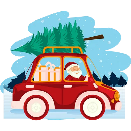 Santa Is Carrying A Christmas Tree And Presents In A Car Illustration