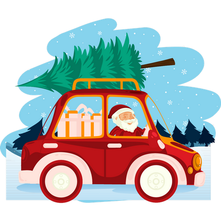 Santa carrying Christmas tree and presents in car  Illustration