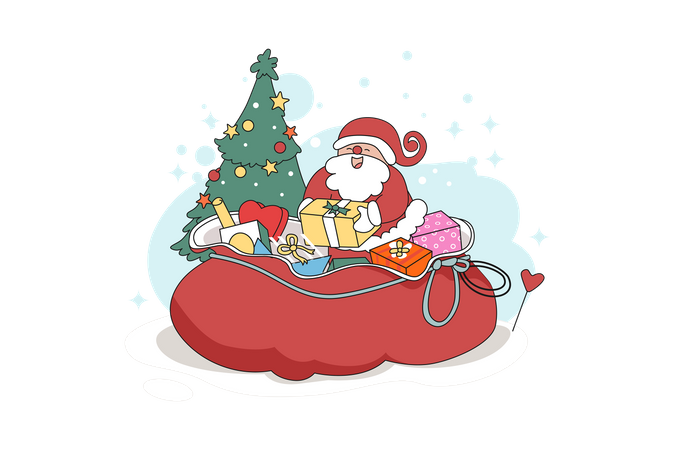 Santa Claus And A Large Gift Bag  Illustration