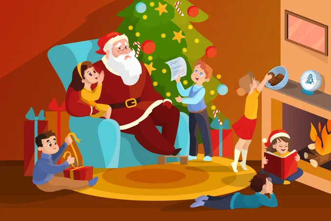 Santa Claus and children in the room celebrate Christmas Illustration