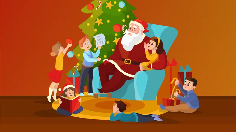 Santa Claus And Children In The Room Celebrate Christmas Holiday Child At The Tree In Costume Vector Illustration In Cartoon Style Isolated イラスト