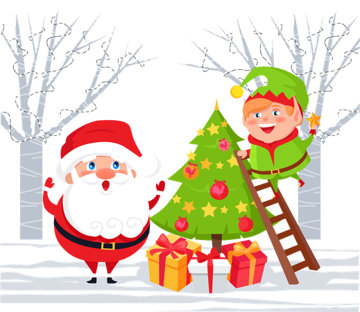 Santa Claus and Elf Decorating Pine Tree on Xmas  イラスト