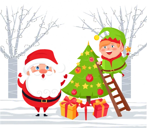 Christmas Tradition Of Pine Tree Decoration Santa Claus And Elf Standing By Spruce With Garlands Baubles And Present Winter Landscape Of Forest With Snowing Weather Xmas Personages In Woods Vector Illustration