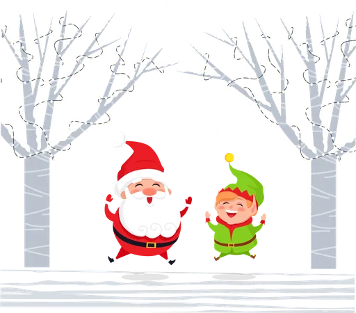 Christmas Characters Having Fun In Woods Santa Claus And Elf Helper Spending Time In Winter Forest Xmas Personages Jumping With Joy Snowfall And Snowy Ground Vector In Flat Style Illustration Illustration