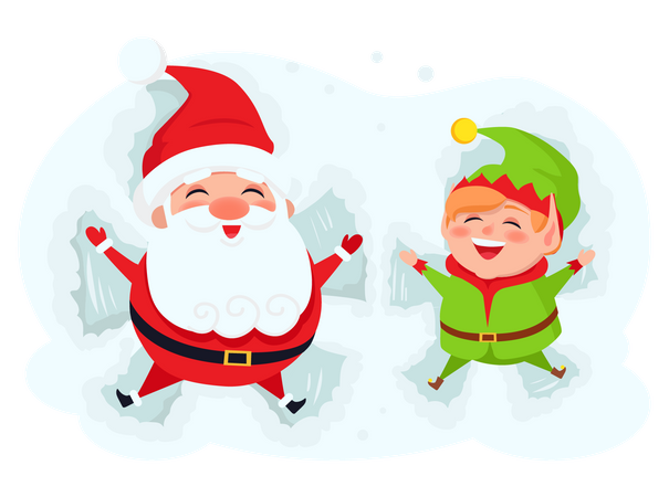 Santa Claus and Elf lying on snow making butterfly Illustration