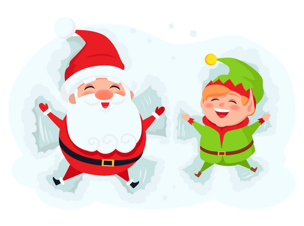 Santa Claus and Elf lying on snow making butterfly  Illustration