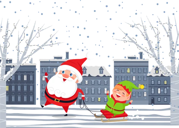 Santa Claus And Elf On Sleigh Walking In Evening City Christmas Holiday Postcard With Funny Winter Characters Standing Near Snowy Tree And House Xmas Card Decorated By Snowflakes And Kids Vector Illustration
