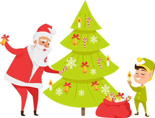 Santa Claus and gnome decorating Christmas tree with sweet candies  Illustration