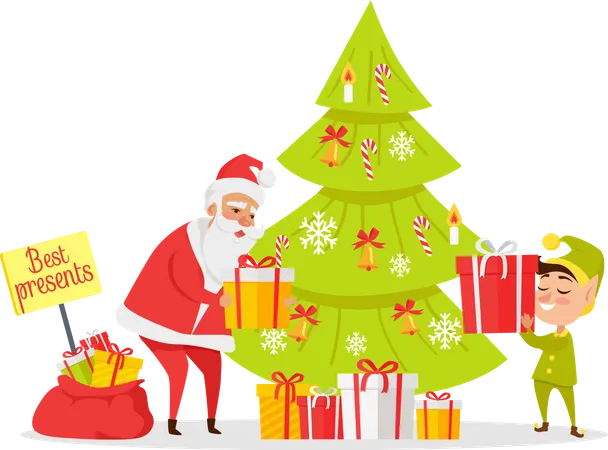 Santa Claus and gnome packing presents in boxes near decorated Christmas tree  Illustration