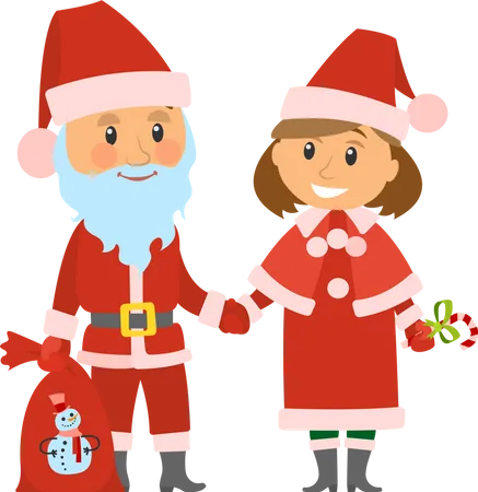 Santa Claus and Helper in Traditional Costumes  Illustration