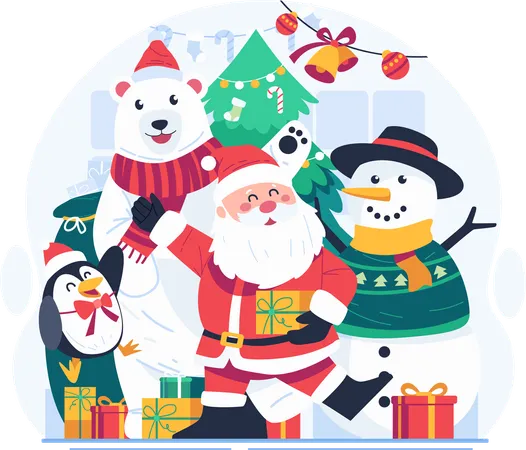 Merry Christmas Illustration Santa Claus And His Adorable Companions A Cute Snowman Polar Bear And Penguin With A Christmas Tree And Gifts Illustration