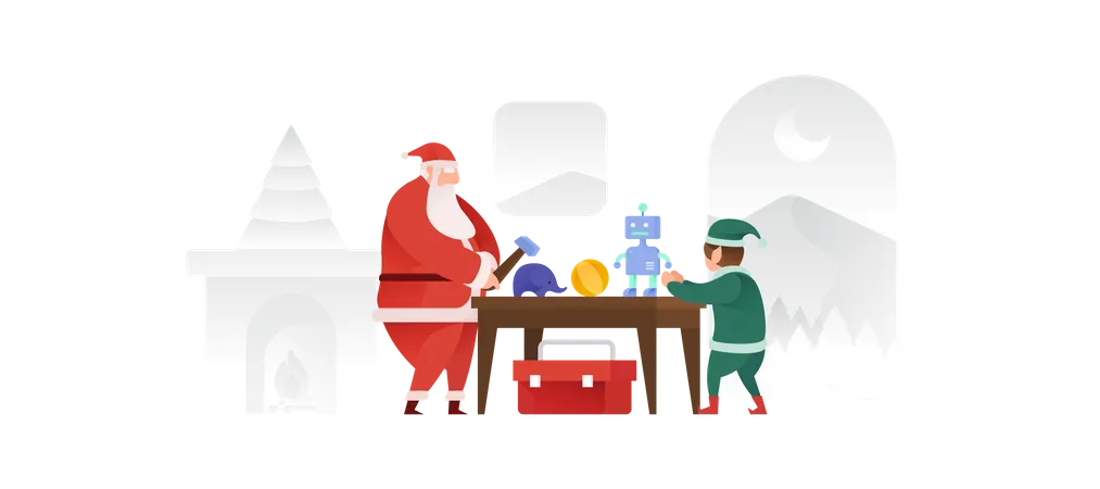 Santa Claus And His Elf Making Toys  Illustration