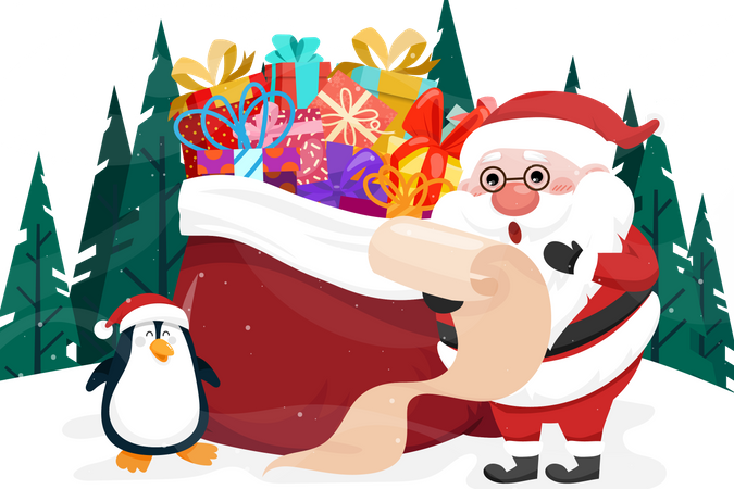 Santa Claus and penguin checking list name with preset box Illustration