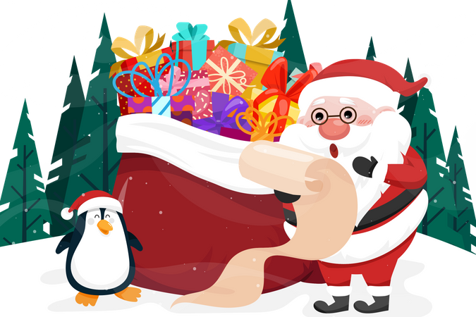 Santa Claus and penguin checking list name with preset box  Illustration