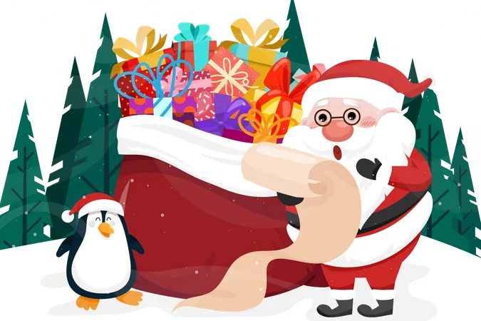 Santa Claus and penguin checking list name with preset box  Illustration