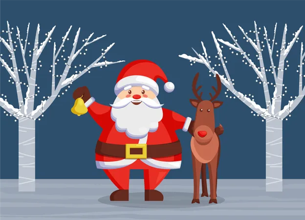 Christmas Characters In Forest At Night Santa Claus Holding Bell And Hugging Reindeer Deer Standing Still In Woods With Trees Decorated With Garlands Xmas And New Year Holidays Celebration Vector 일러스트레이션