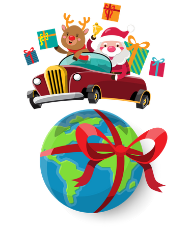 Santa Claus and reindeer drives a automobile to send Christmas gift to children around the world  Illustration