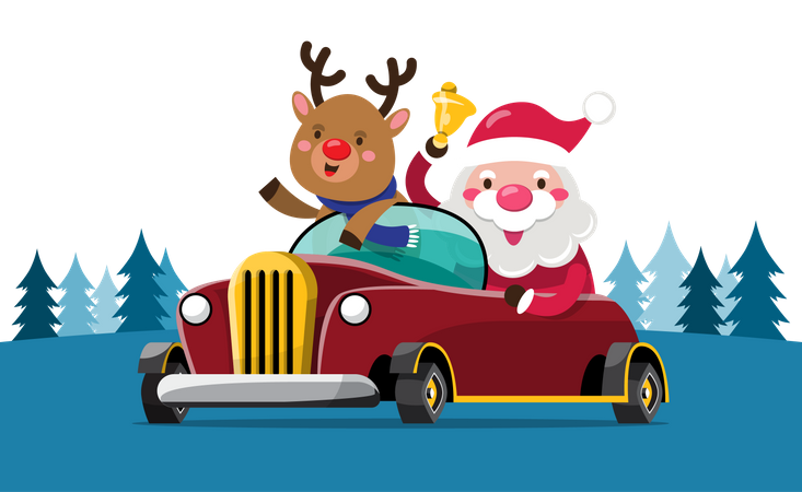 Santa Claus and reindeer drives a car to deliver Christmas presents  Illustration