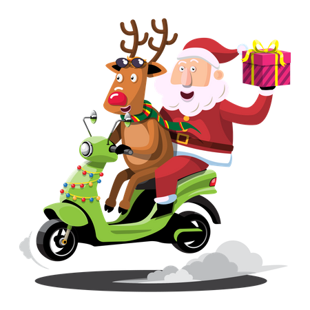 Santa Claus and reindeer drives a motorcycle to deliver Christmas presents  Illustration