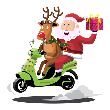 Santa Claus and reindeer drives a motorcycle to deliver Christmas presents  Illustration