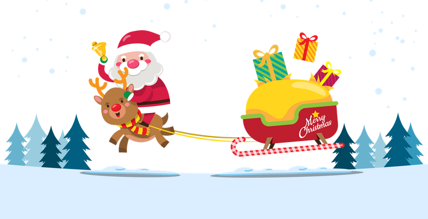 Santa Claus and reindeer drives a sleigh to send Christmas gift to children around the world  Illustration