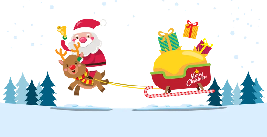 Santa Claus and reindeer drives a sleigh to send Christmas gift to children around the world  Illustration