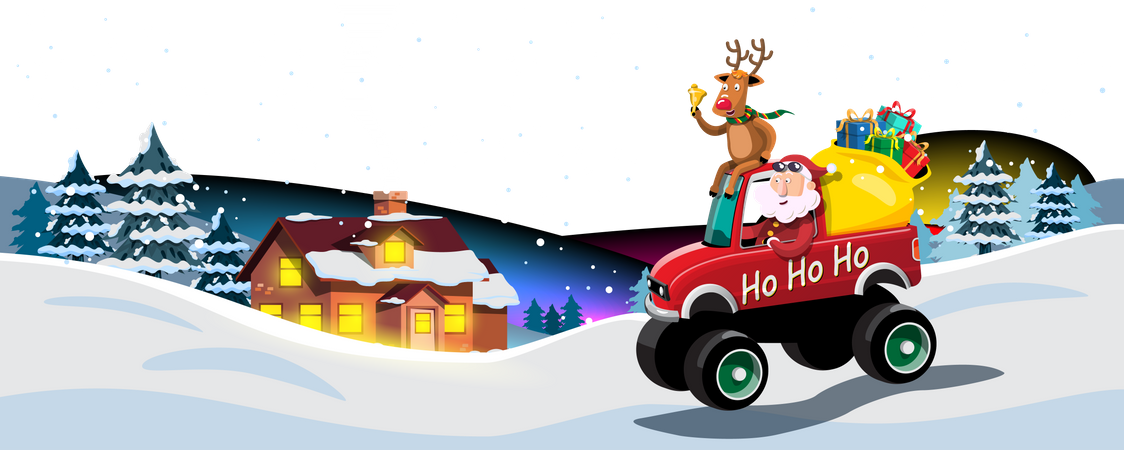 Santa Claus and reindeer drives car to deliver Christmas presents  Illustration