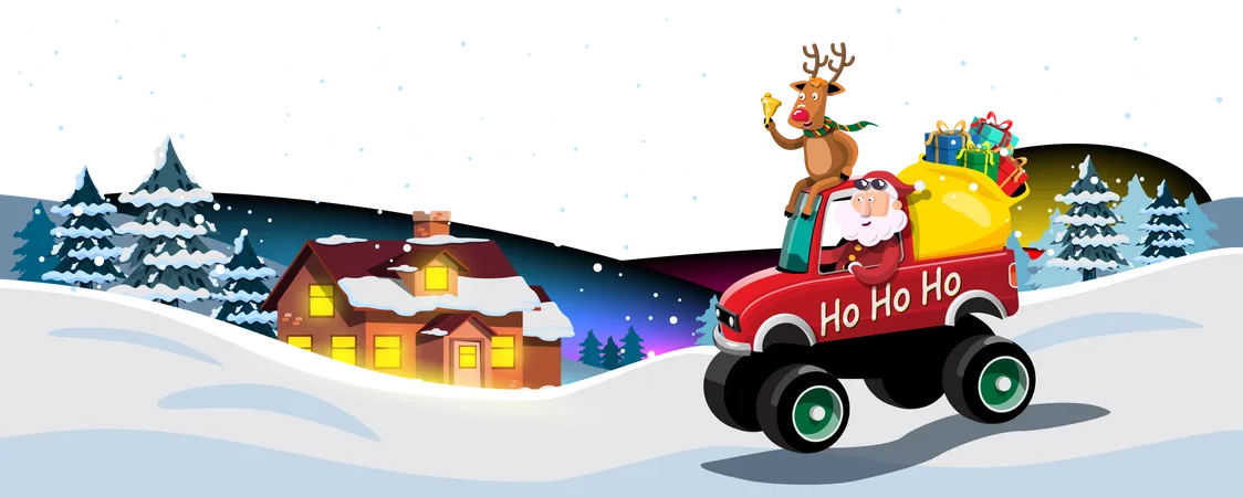 Santa Claus and reindeer drives car to deliver Christmas presents  Illustration