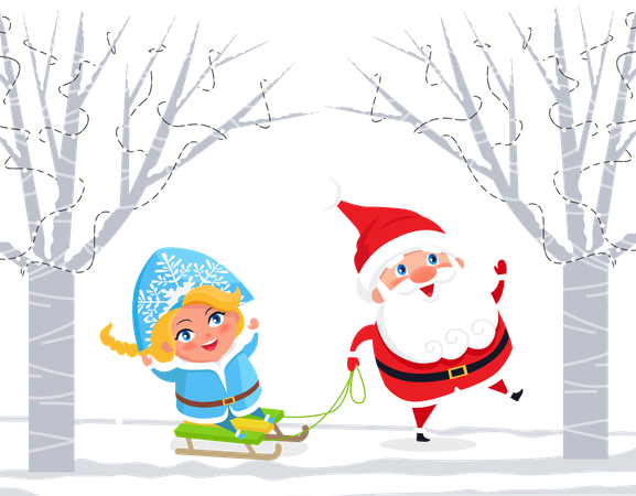 Santa Claus and Snow Maiden on Sleds in Forest  イラスト