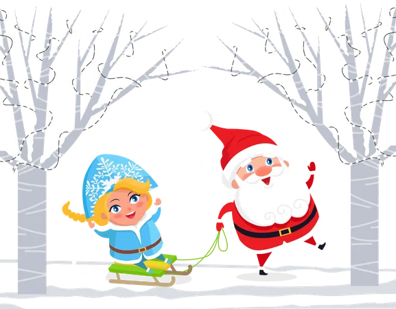 Winter Forest With Characters Having Fun Santa Claus Pulling Sleds With Snow Maiden Natural Landscape With Trees Decorated With Garlands New Year Eve And Christmas Time Holidays Vector In Flat Illustration