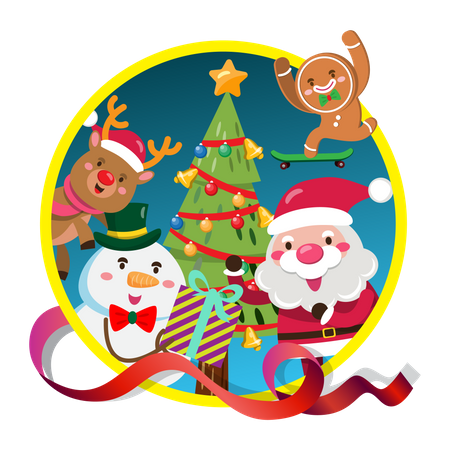 Santa Claus and team decorating Christmas tree  일러스트레이션