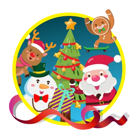 Santa Claus and team decorating Christmas tree  イラスト