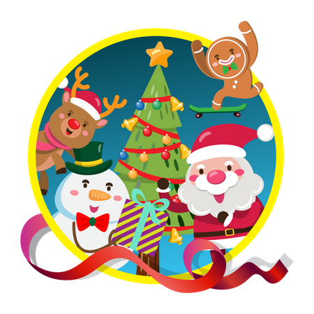 Santa Claus and team decorating Christmas tree  Illustration