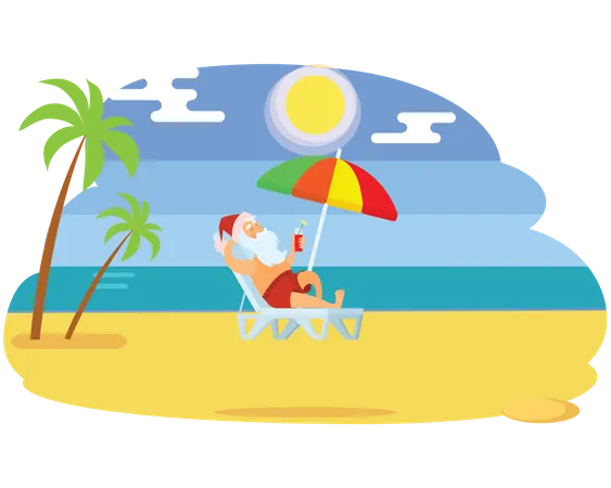 Christmas On Beach In July Image Icons Santa Claus In Red Hat And Shorts Standing Near Fir Tree With Monkey And Snowman From Sand And Surfboard Vector Illustration