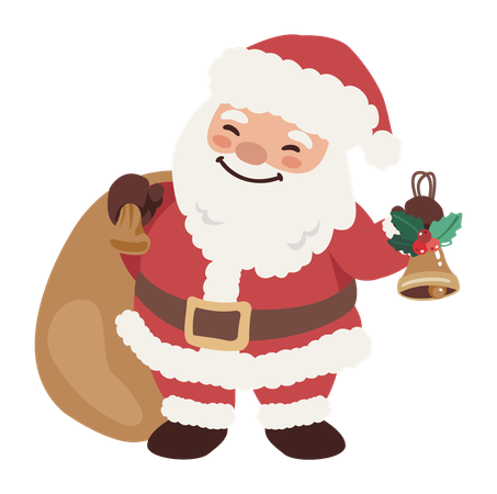 Santa Claus carrying gift bag and jingle bell  イラスト