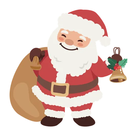 Santa Claus carrying gift bag and jingle bell  Illustration