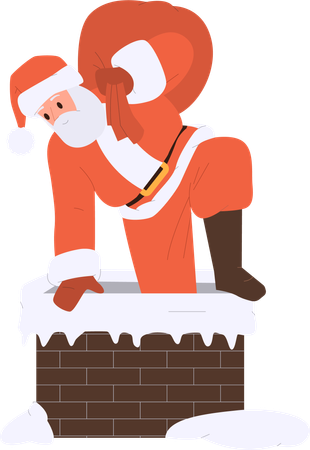 Santa Claus Christmas holding red sack climbing into chimney bringing gifts  Illustration