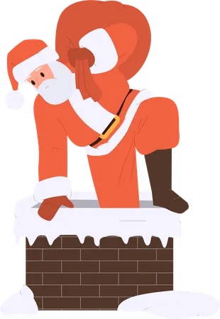 Santa Claus Christmas holding red sack climbing into chimney bringing gifts  Illustration