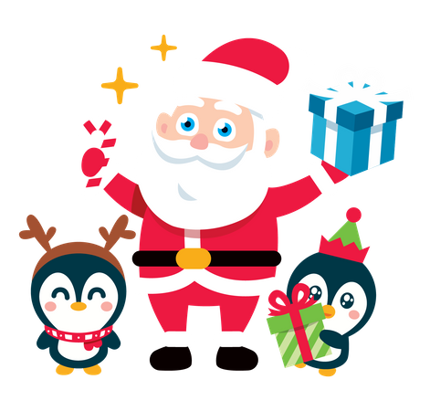 Papá Noel con pingüinos bebés y regalos.  Ilustración