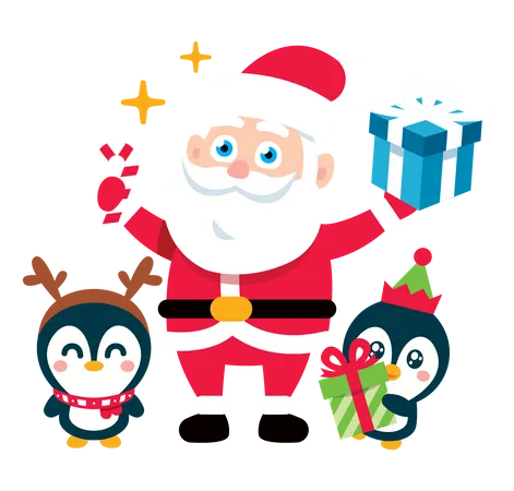 Papá Noel con pingüinos bebés y regalos.  Ilustración