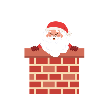 Papá Noel con un saco de caja de regalo intenta entrar a la chimenea  Ilustración