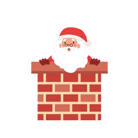 Papá Noel con un saco de caja de regalo intenta entrar a la chimenea  Ilustración