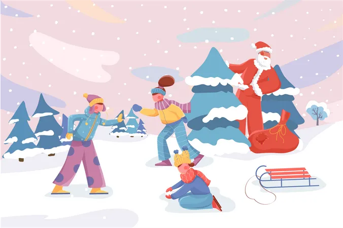 Santa Claus congratulates playing children Illustration