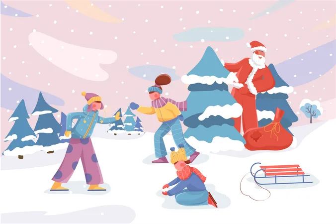 Santa Claus congratulates playing children  Illustration