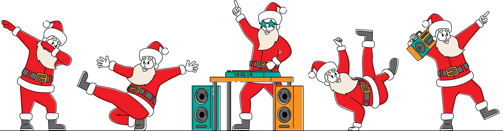 Funny Santa Claus Dancing Funny Christmas Characters Making Dab Move Dance Break And Hip Hop Style Dance Young Teenage Culture Holiday Greeting DJ Club Party Linear People Vector Illustration イラスト