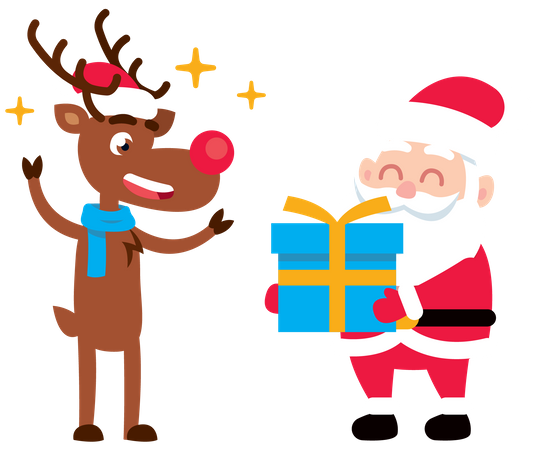 Papá Noel dando regalos a los renos  Ilustración