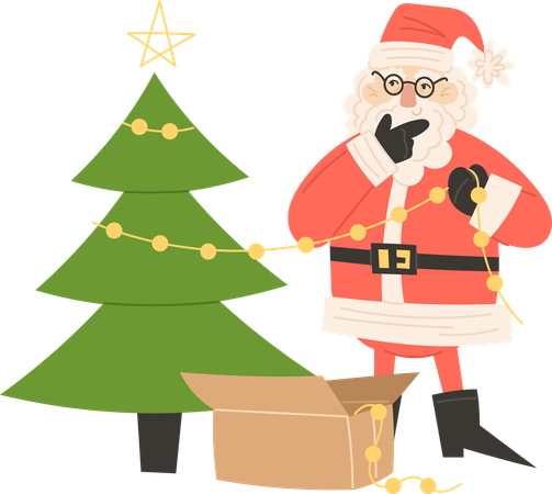 Santa Claus decorating Christmas tree with ornaments  Illustration